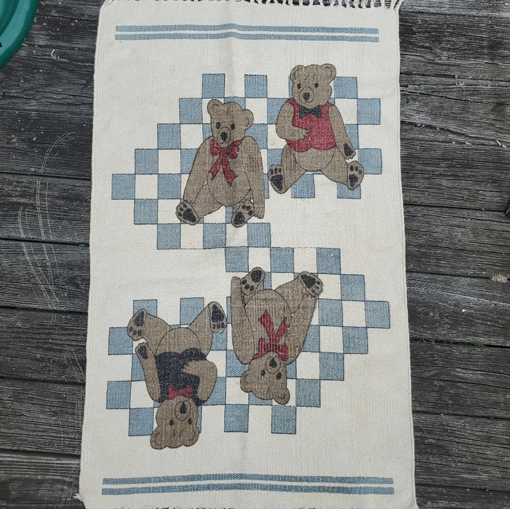 Teddy Bears On Check Woven Area Rug Or Wall Hanging W/ Fringe Ivory Blue Brown